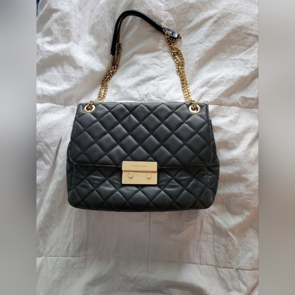 Michael Kors Quilted Black Leather Handbag with Gold Chain